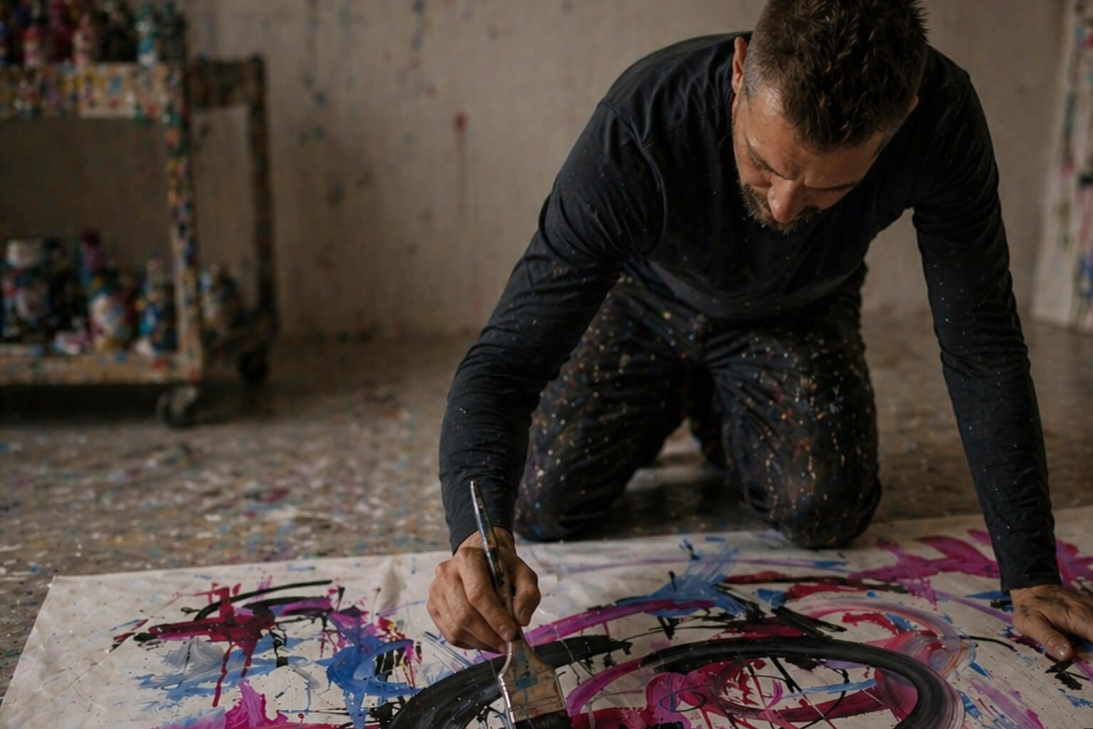 Emanuele Fortunati painting in his studio