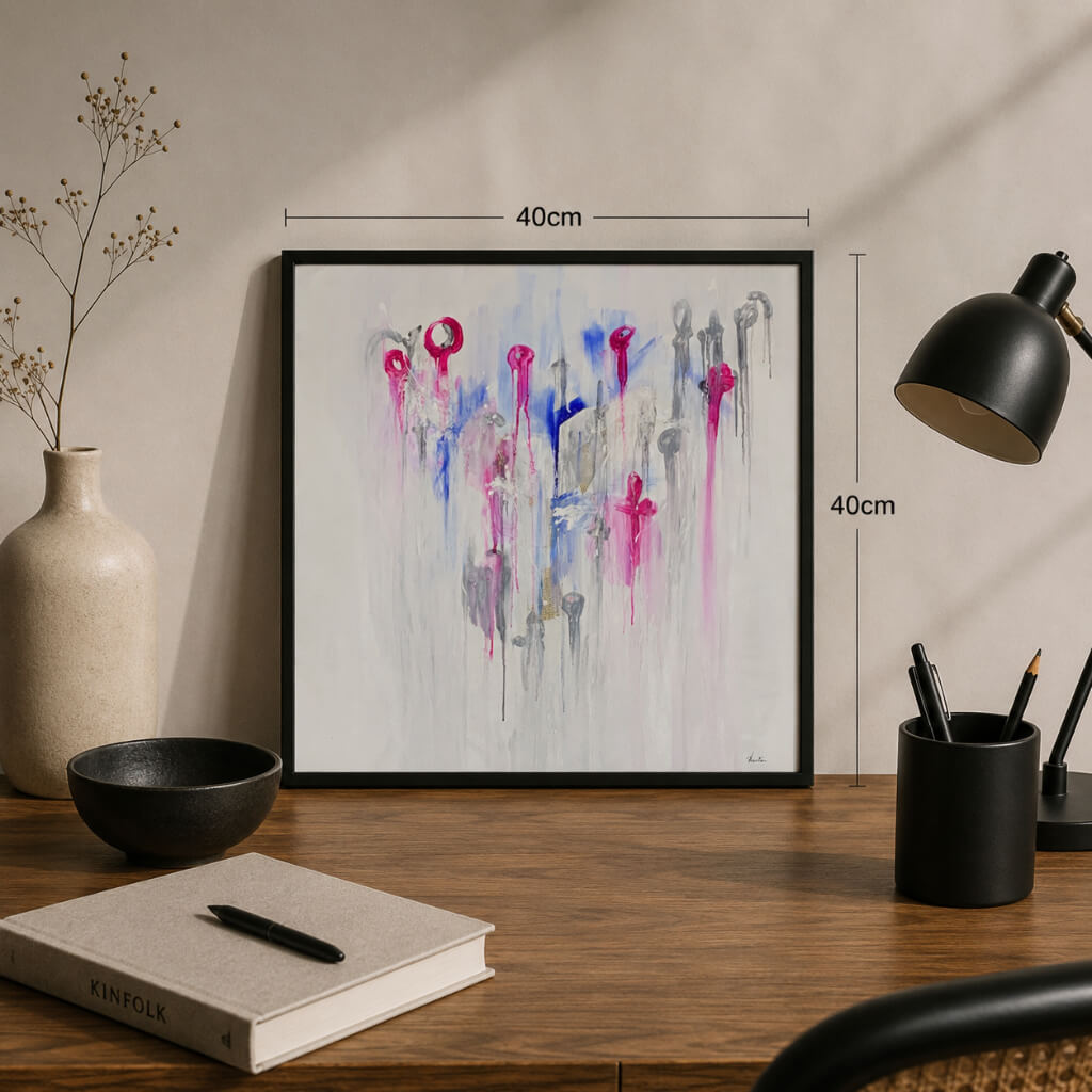 Between One Thing and the Next, an Energy Resonant Art abstract painting, by Emanuele Fortunati - on the desk