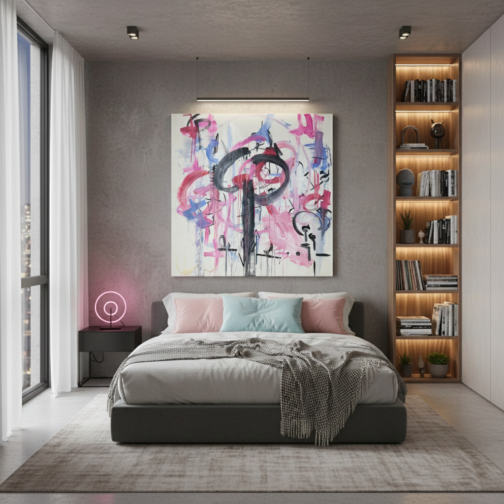 An original painting by Emanuele Fortunati, shown in an envisioned bedroom